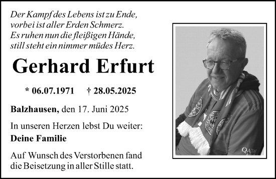 Traueranzeige von Gerhard Erfurt von Mittelschwäbische Nachrichten