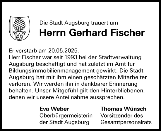Traueranzeige von Gerhard Fischer von Augsburger Allgemeine