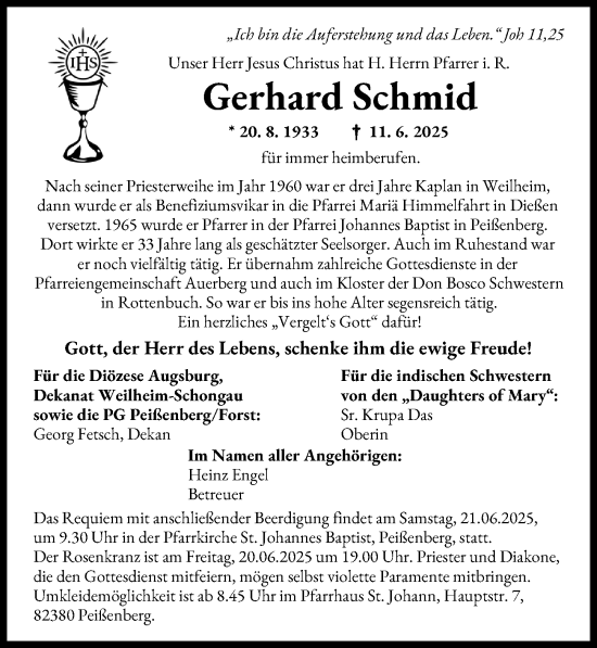 Traueranzeige von Gerhard Schmid von Augsburger Allgemeine