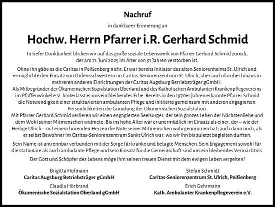 Traueranzeige von Gerhard Schmid von Augsburger Allgemeine