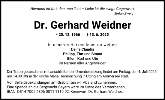 Traueranzeige von Gerhard Weidner von Landsberger Tagblatt