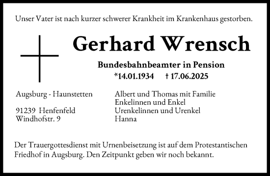 Traueranzeige von Gerhard Wrensch von Augsburger Allgemeine