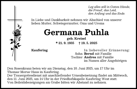 Traueranzeige von Germana Puhla von Landsberger Tagblatt
