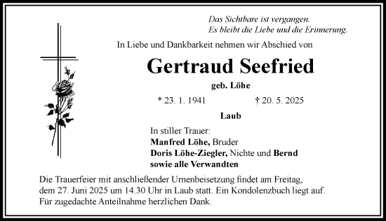 Traueranzeige von Gertraud Seefried von Rieser Nachrichten, Donauwörther Zeitung