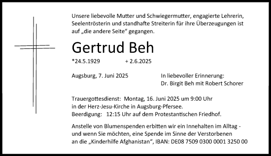 Traueranzeige von Gertrud Beh von Augsburger Allgemeine