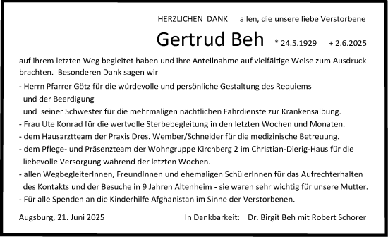 Traueranzeige von Gertrud Beh von Augsburger Allgemeine