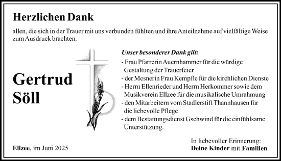 Traueranzeige von Gertrud Söll von Günzburger Zeitung, Mittelschwäbische Nachrichten