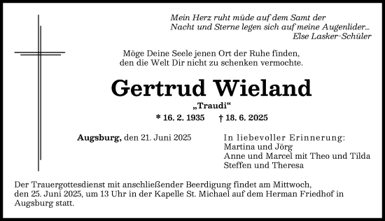 Traueranzeige von Gertrud Wieland von Augsburger Allgemeine