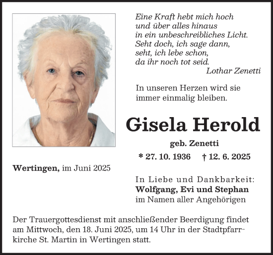 Traueranzeige von Gisela Herold von Wertinger Zeitung