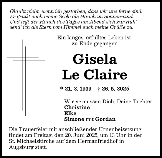 Traueranzeige von Gisela Le Claire von Schwabmünchner Allgemeine
