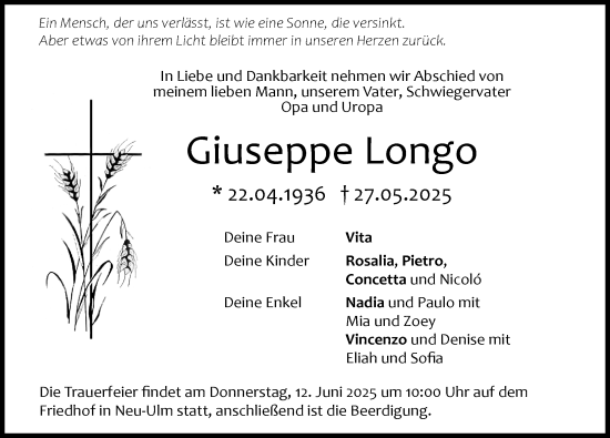 Traueranzeige von Giuseppe Longo von Neu-Ulmer Zeitung