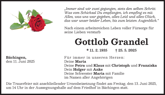 Traueranzeige von Gottlob Grandel von Donau Zeitung