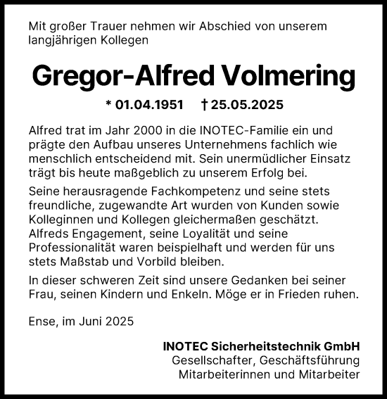 Traueranzeige von Gregor-Alfred Volmering von Donauwörther Zeitung