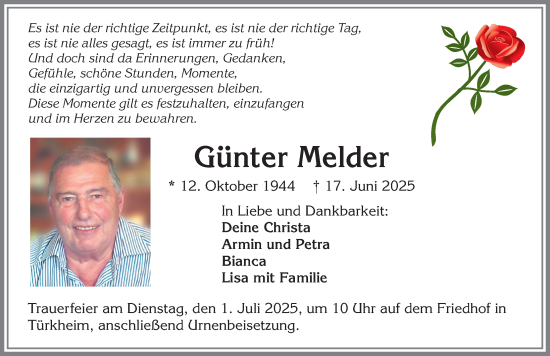 Traueranzeige von Günter Melder von Mindelheimer Zeitung