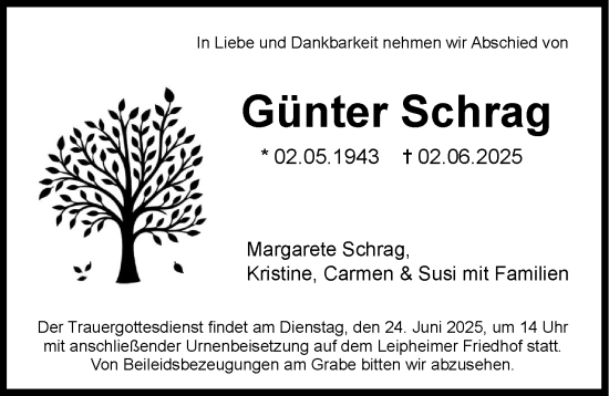 Traueranzeige von Günter Schrag von Günzburger Zeitung