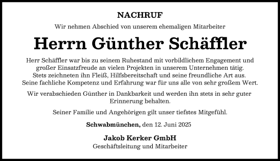 Traueranzeige von Günther Schäffler von Landsberger Tagblatt