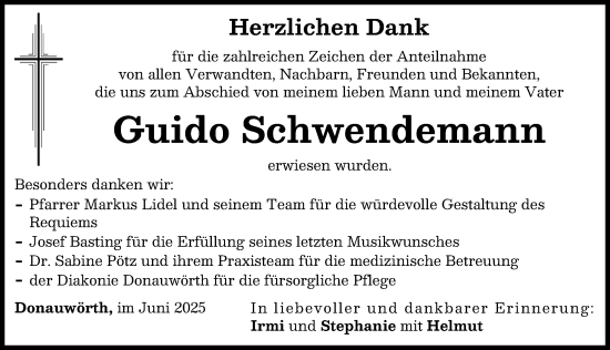 Traueranzeige von Guido Schwendemann von Donauwörther Zeitung