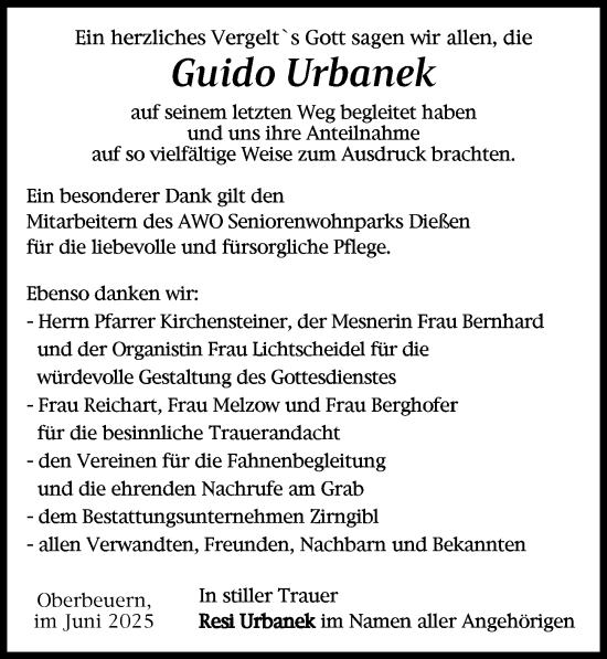 Traueranzeige von Guido Urbanek von Landsberger Tagblatt