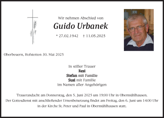 Traueranzeige von Guido Urbanek von Landsberger Tagblatt