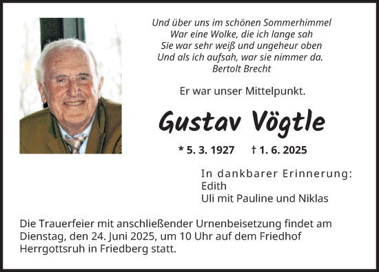 Traueranzeige von Gustav Vögtle von Augsburger Allgemeine, Friedberger Allgemeine