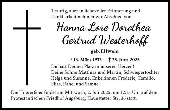 Traueranzeige von Hanna Lore Dorothea Gertrud Westerhoff von Augsburger Allgemeine