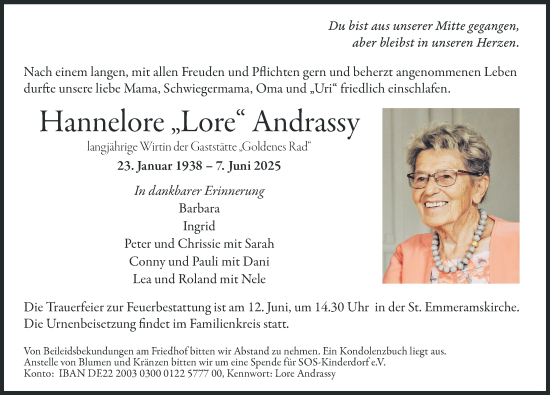 Traueranzeige von Hannelore Andrassy von Rieser Nachrichten