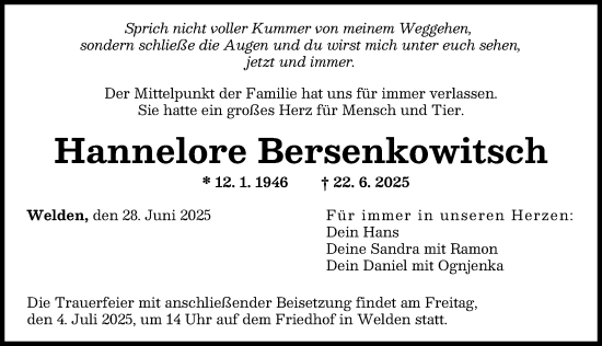 Traueranzeige von Hannelore Bersenkowitsch von Augsburger Allgemeine