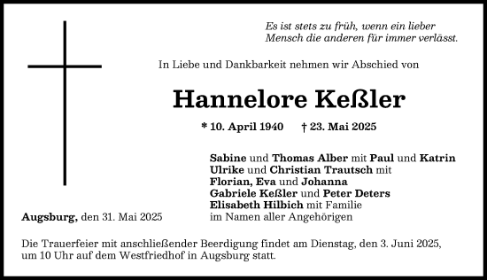 Traueranzeige von Hannelore Keßler von Augsburger Allgemeine