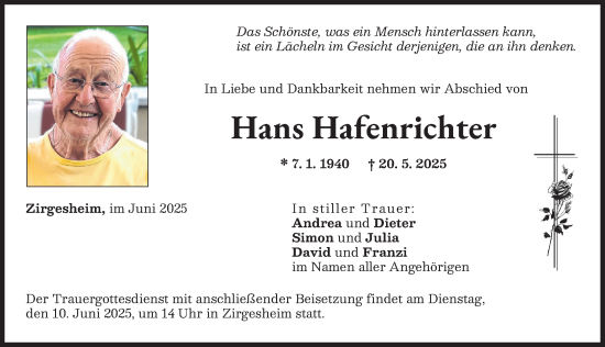 Traueranzeige von Hans Hafenrichter von Donauwörther Zeitung