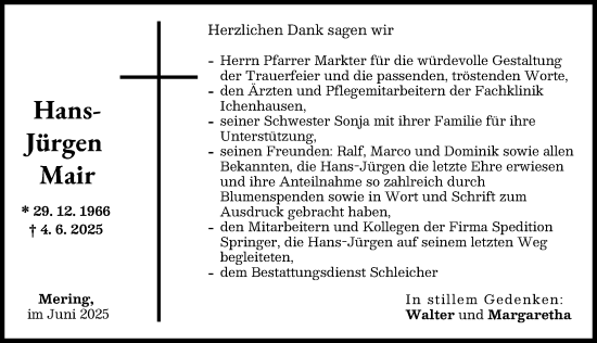 Traueranzeige von Hans-Jürgen Mair von Friedberger Allgemeine