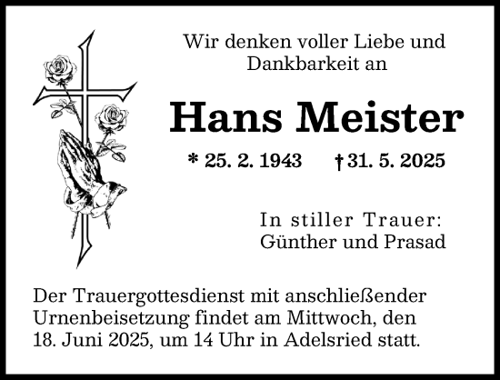 Traueranzeige von Hans Meister von Augsburger Allgemeine