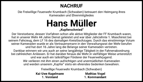 Traueranzeige von Hans Müller von Mittelschwäbische Nachrichten