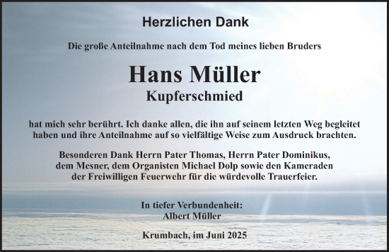 Traueranzeige von Hans Müller von Mittelschwäbische Nachrichten