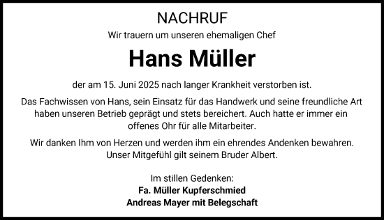 Traueranzeige von Hans Müller von Mittelschwäbische Nachrichten