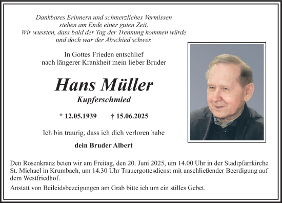 Traueranzeige von Hans Müller von Mittelschwäbische Nachrichten