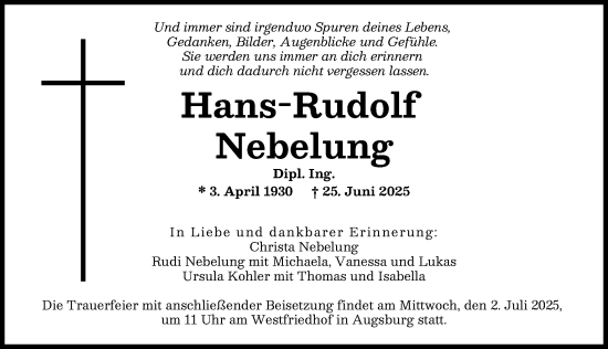 Traueranzeige von Hans-Rudolf Nebelung von Augsburger Allgemeine