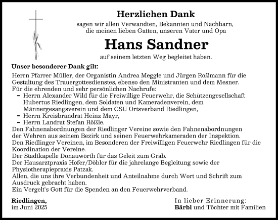 Traueranzeige von Hans Sandner von Donauwörther Zeitung