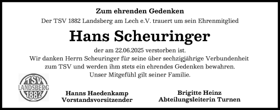 Traueranzeige von Hans Scheuringer von Landsberger Tagblatt