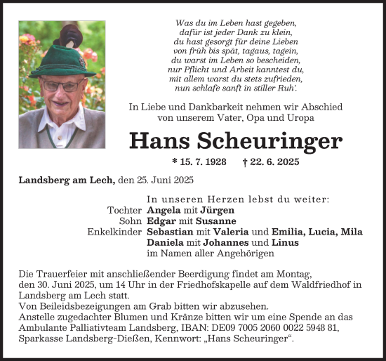 Traueranzeige von Hans Scheuringer von Landsberger Tagblatt