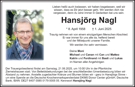 Traueranzeige von Hansjörg Nagl von Mittelschwäbische Nachrichten