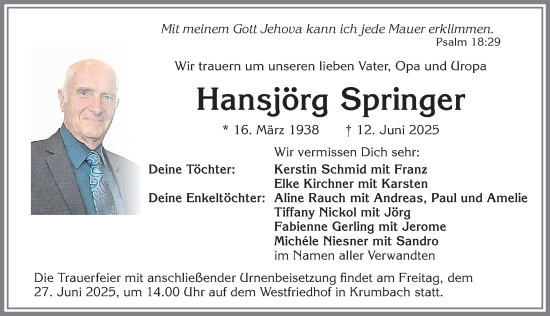 Traueranzeige von Hansjörg Springer von Mittelschwäbische Nachrichten