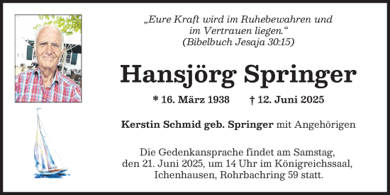 Traueranzeige von Hansjörg Springer von Mittelschwäbische Nachrichten