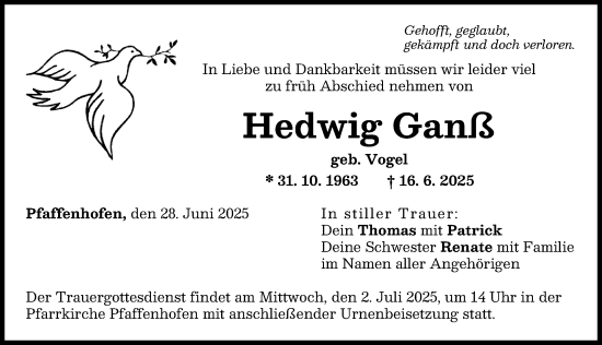 Traueranzeige von Hedwig Ganß von Neu-Ulmer Zeitung, Augsburger Allgemeine