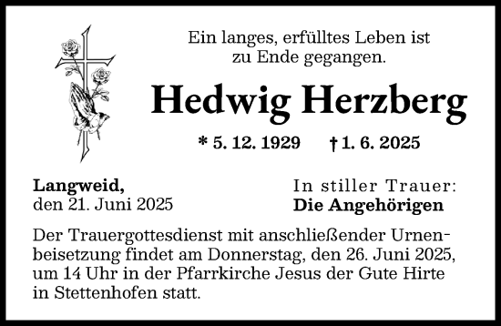 Traueranzeige von Hedwig Herzberg von Augsburg-Land
