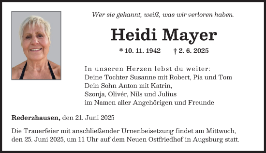 Traueranzeige von Heidi Mayer von Augsburger Allgemeine
