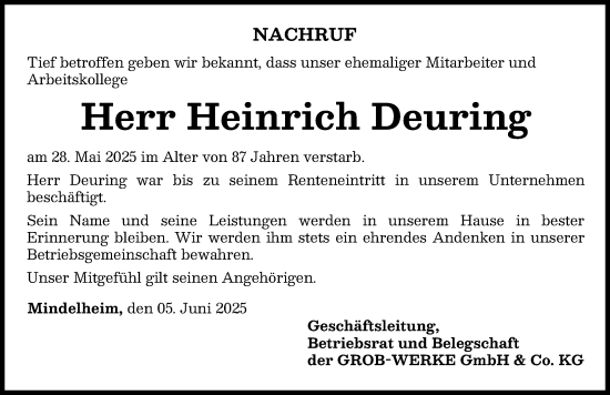 Traueranzeige von Heinrich Deuring von Mindelheimer Zeitung