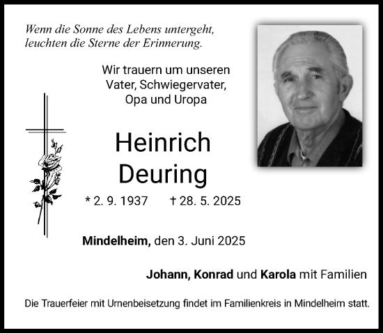 Traueranzeige von Heinrich Deuring von Mindelheimer Zeitung