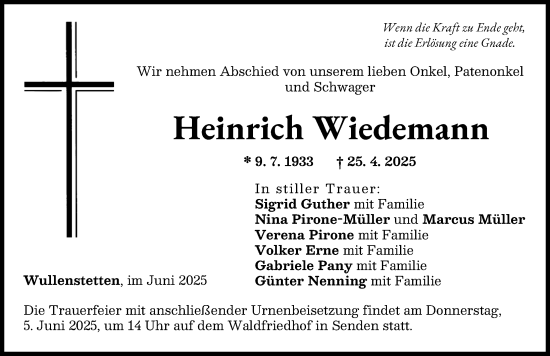 Traueranzeige von Heinrich Wiedemann von Neu-Ulmer Zeitung