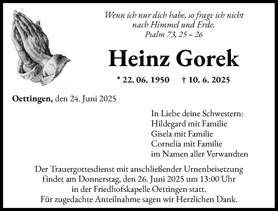 Traueranzeige von Heinz Gorek von Rieser Nachrichten