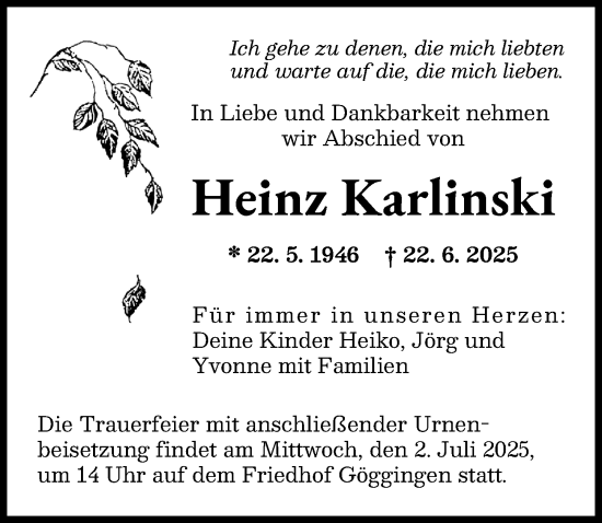 Traueranzeige von Heinz Karlinski von Augsburger Allgemeine
